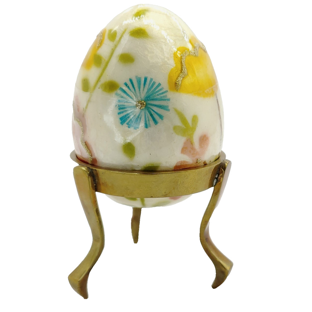 Vintage Capiz Shell Egg Decoupage Floral Easter Decor Gift Metal Stand 2 pc